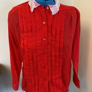 Vintage 1980’s Red Polka Dot Blouse with Lace Collar